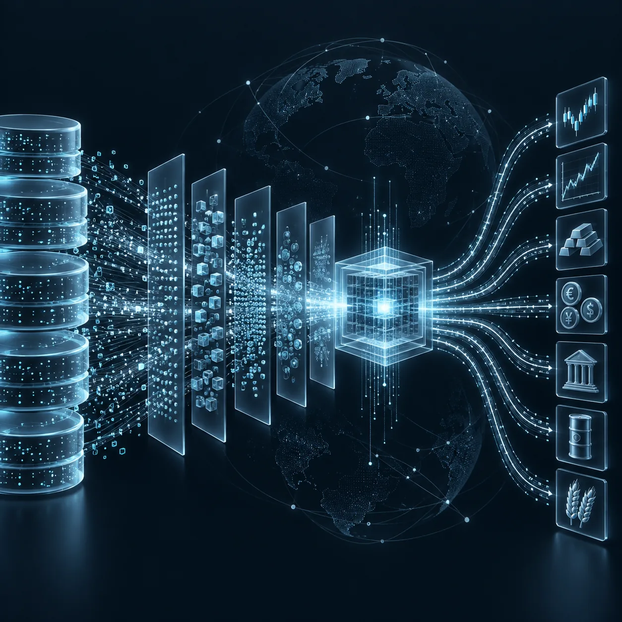 Illustration of data moving from databases through feature layers into a model and market instruments