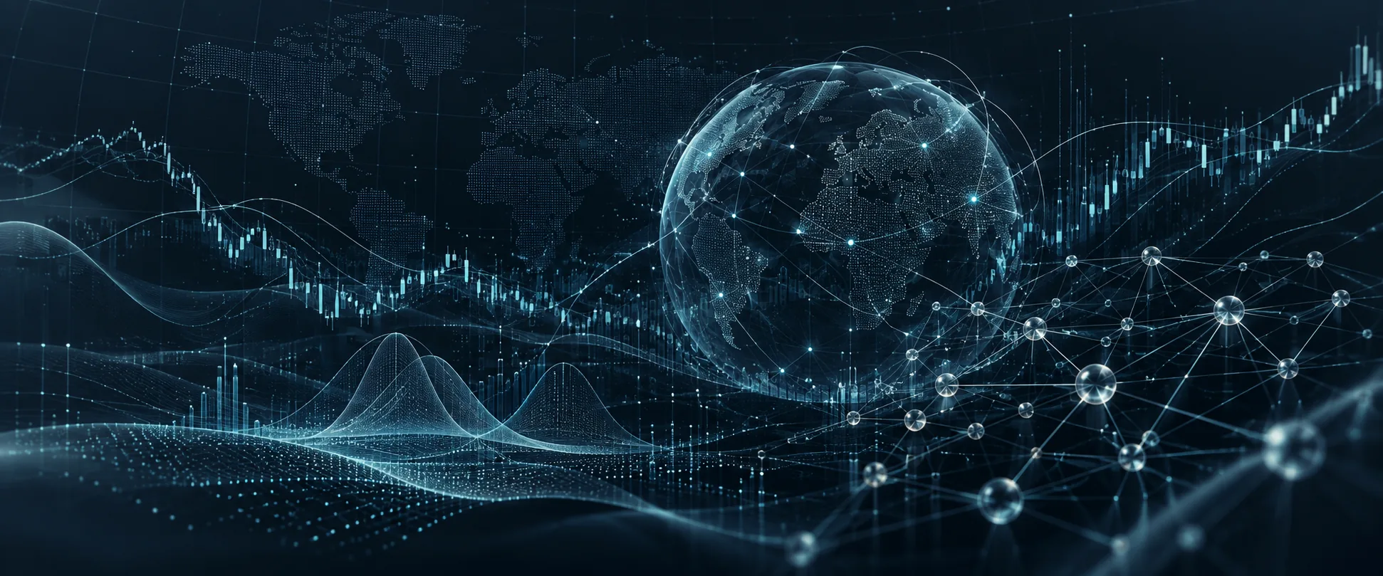 Illustration of global financial markets, price data and connected machine learning signals